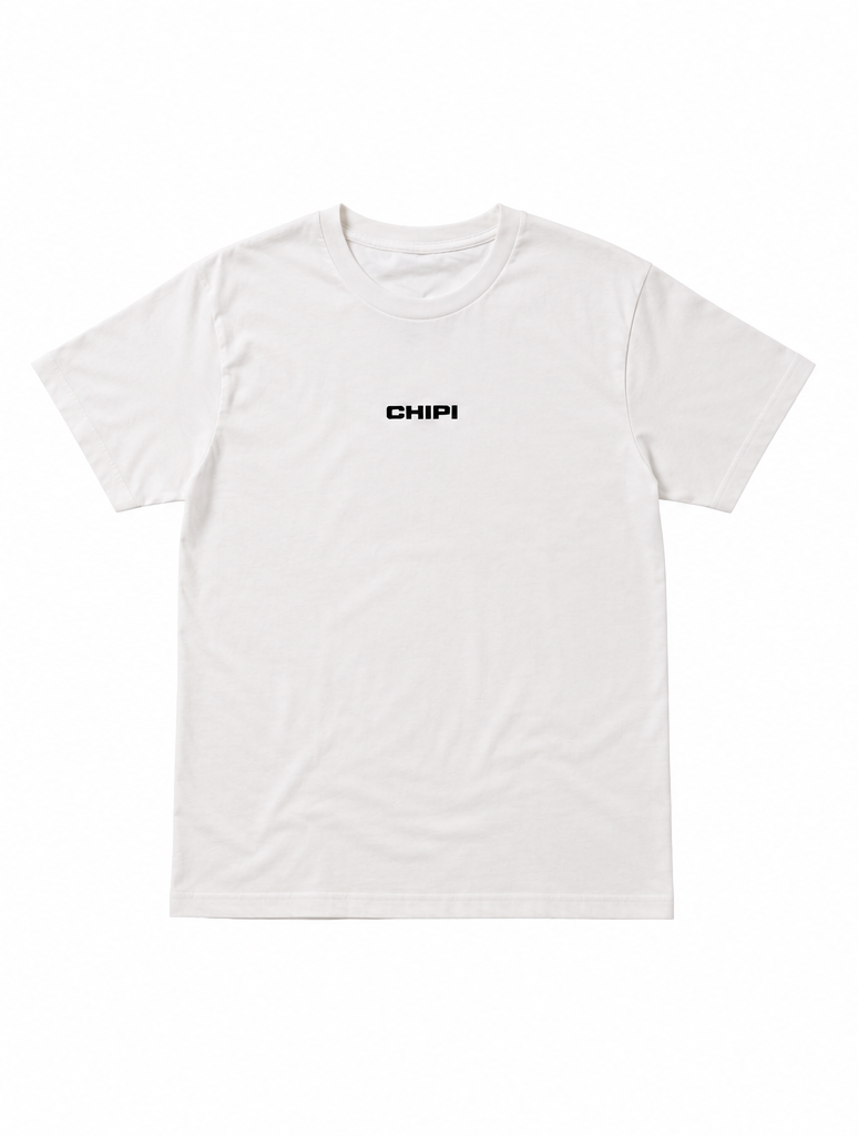 A white short-sleeve crewneck t-shirt shown from both the front and back views against a plain white background. The front view features a small black 'CHIP' logo printed on the chest.