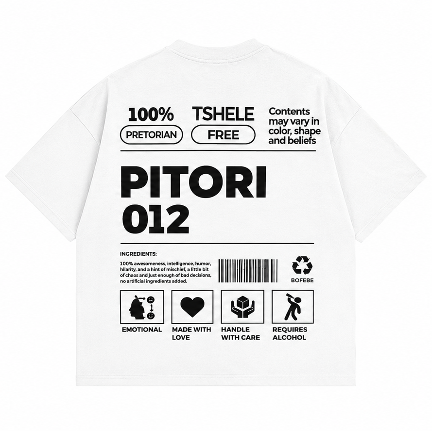 White short-sleeve T-shirt shown from the front and back on a light gray background. The front has a small black '012' print on the left chest, and the back has large black 'PITORI 012' text with additional black printed graphics and small text including '100% TSHELE FREE' and 'Pretorian'.