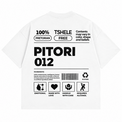 White short-sleeve T-shirt shown from the front and back on a light gray background. The front has a small black '012' print on the left chest, and the back has large black 'PITORI 012' text with additional black printed graphics and small text including '100% TSHELE FREE' and 'Pretorian'.
